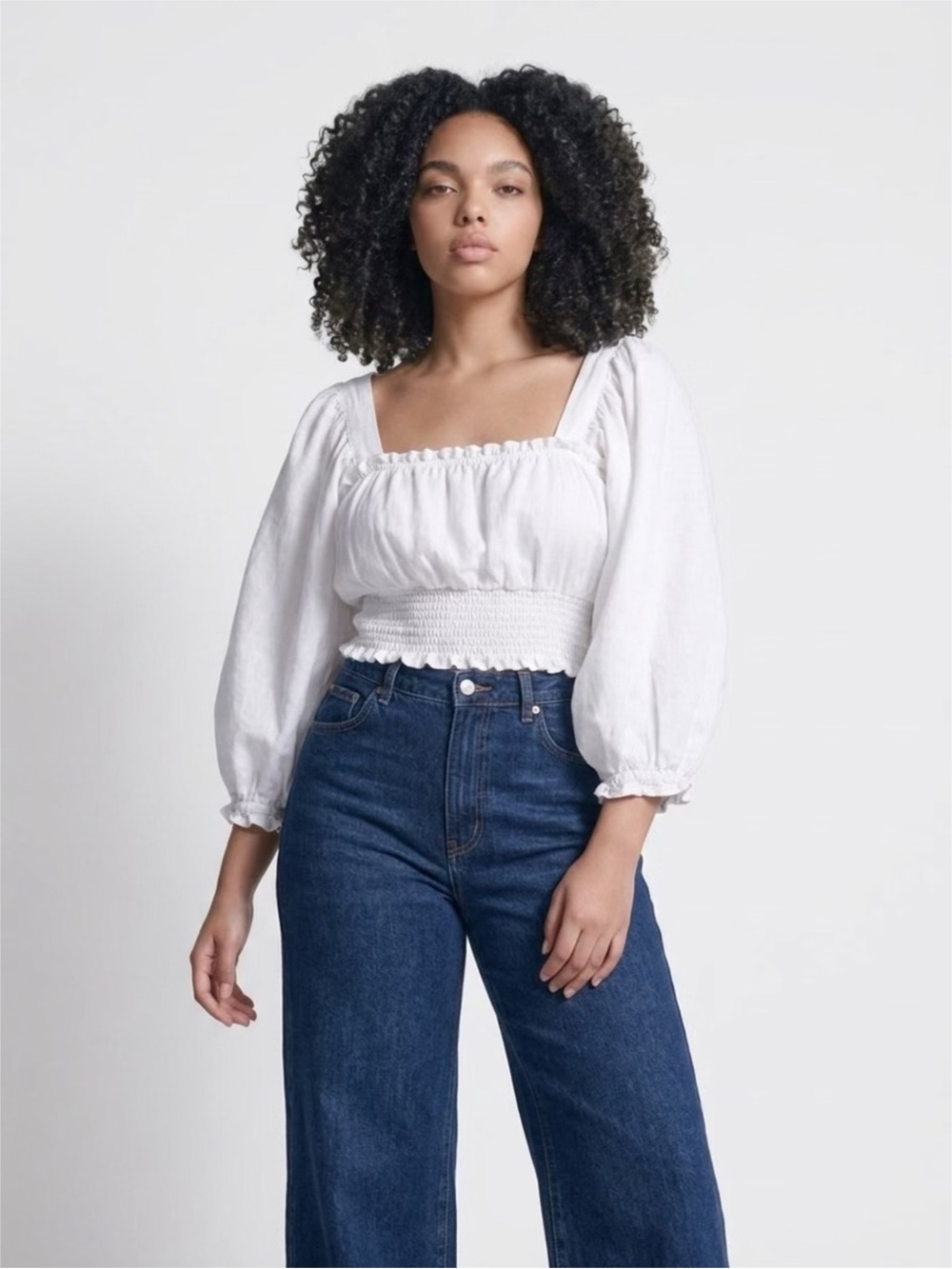 Forever 21 Women’s White Linen blend Cropped Square Neck Tie Ruffle Blouse M